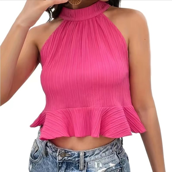 Bright Pink Ruff Halter Top - Picture 1 of 3